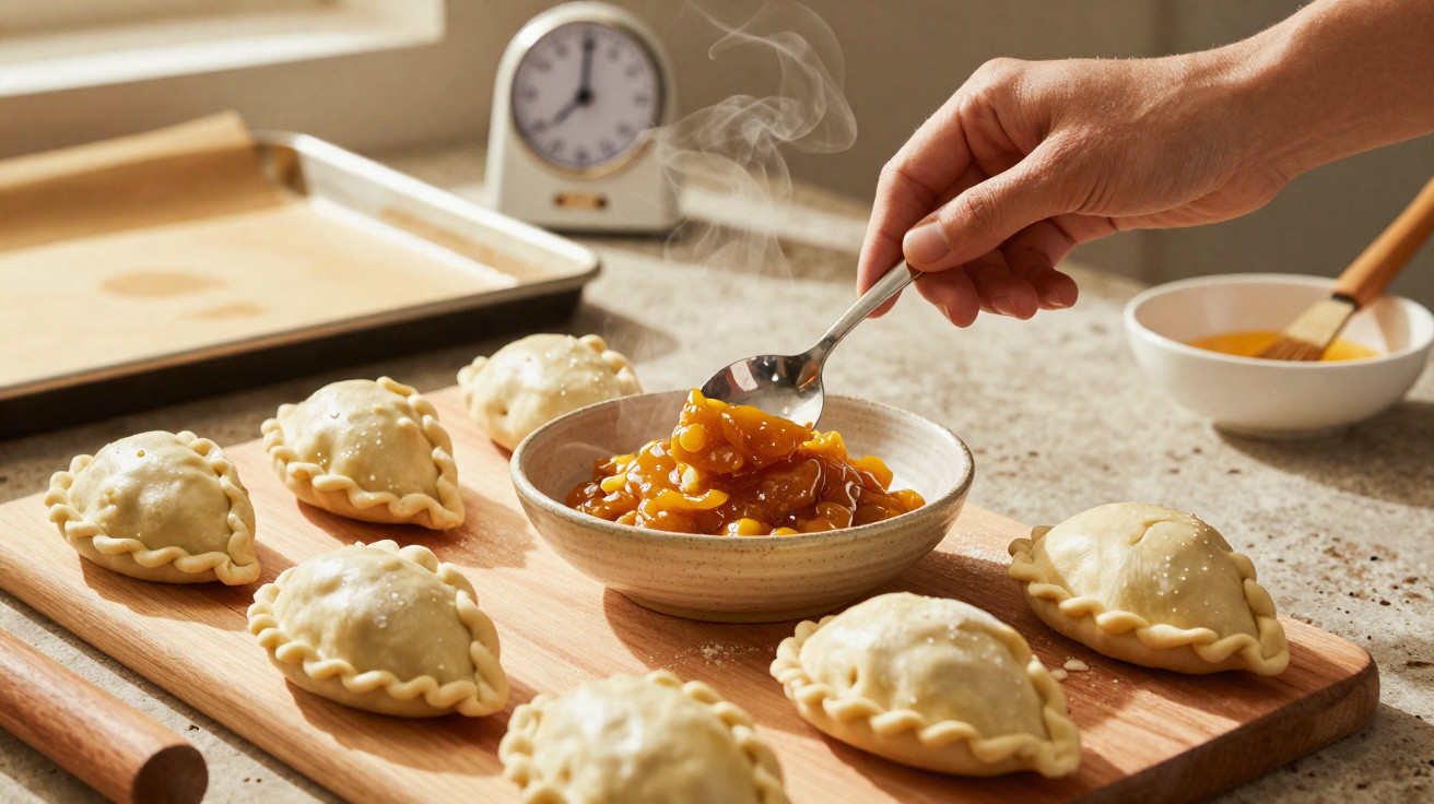 Mãos a rechear pastéis com mistura quente, várias unidades dispostas numa tábua de madeira numa cozinha iluminada.