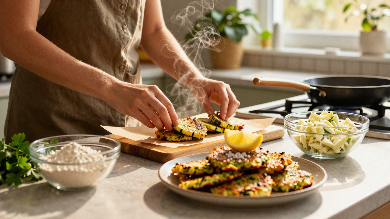 Pessoa a preparar rissóis de legumes fumegantes numa cozinha clara com ingredientes frescos à volta.