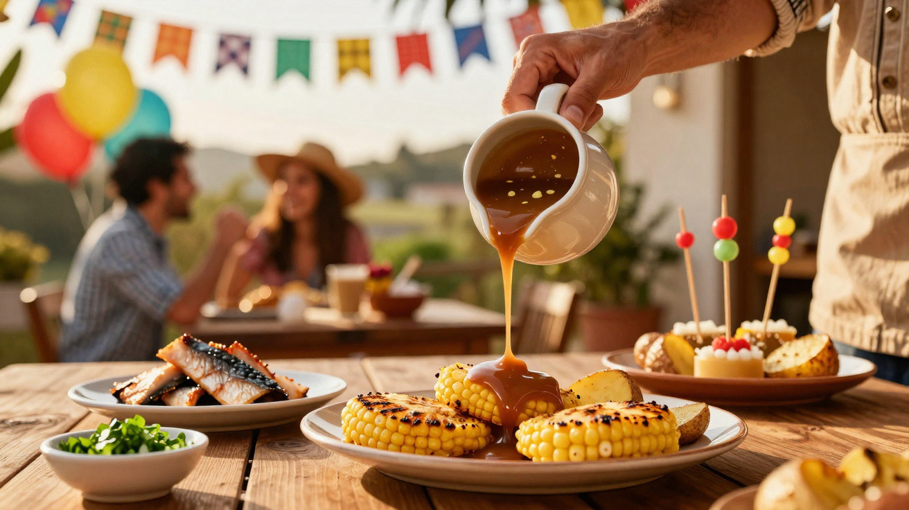 Pessoa a servir molho em espigas de milho grelhadas numa mesa com comida, com duas pessoas ao fundo numa festa ao ar livre.