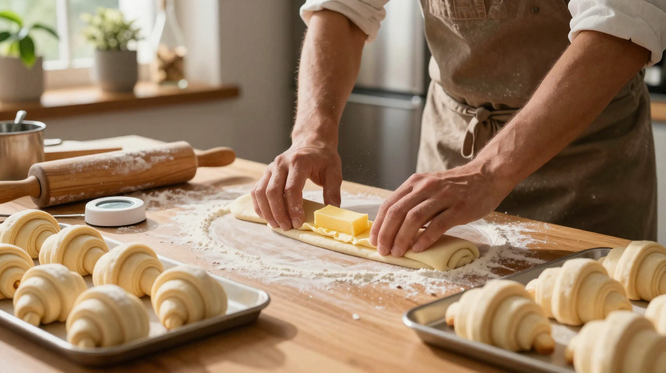 Pessoa a enrolar massa com manteiga para fazer croissants numa cozinha iluminada naturalmente.