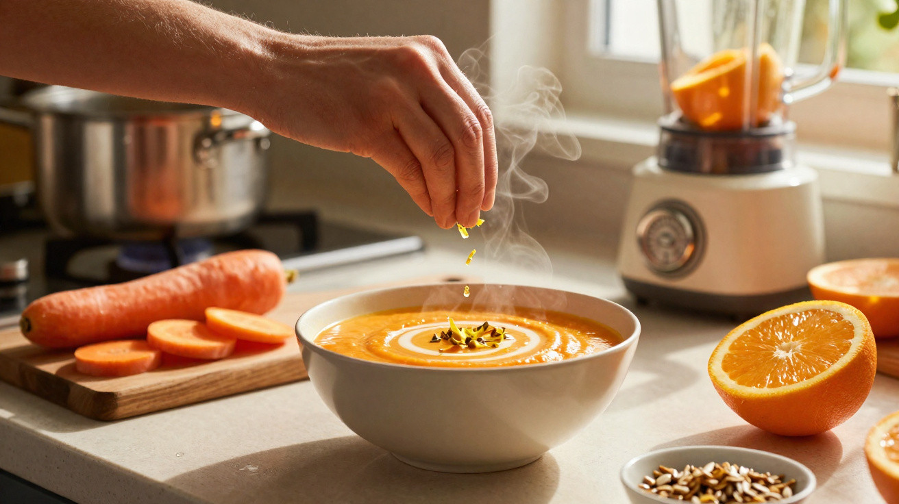 Mão adiciona sementes a creme de cenoura fumegante numa tigela, com cenoura e laranja na bancada da cozinha.