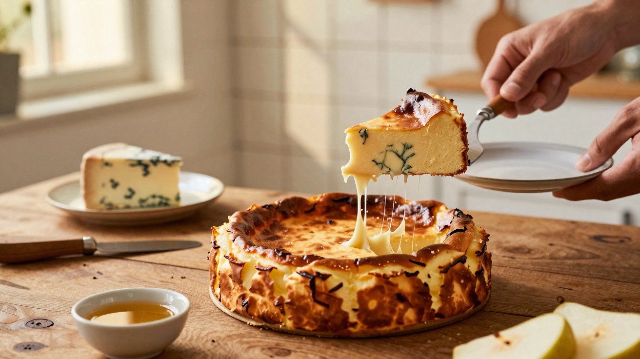 Fatia de cheesecake cremosa a ser servida com receita tradicional alentejana numa cozinha iluminada.