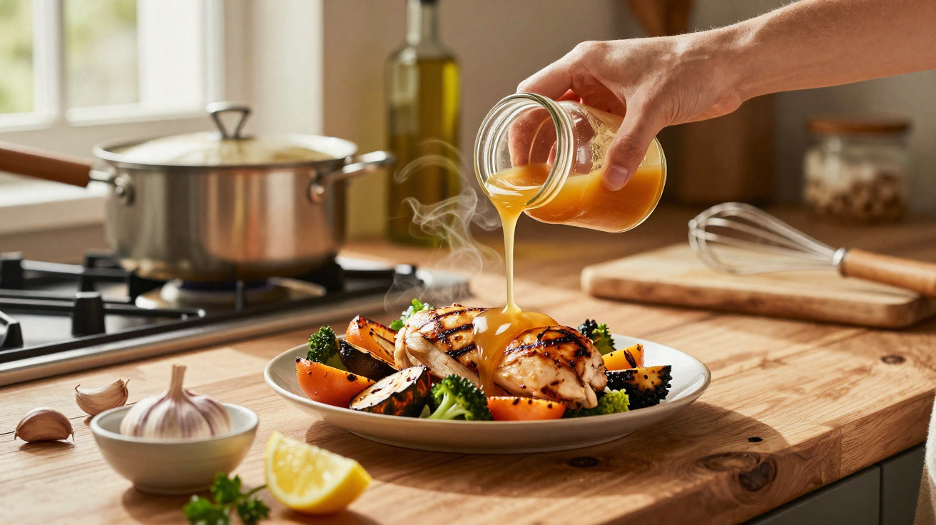 Pessoa a verter molho quente sobre frango grelhado com legumes numa cozinha iluminada.