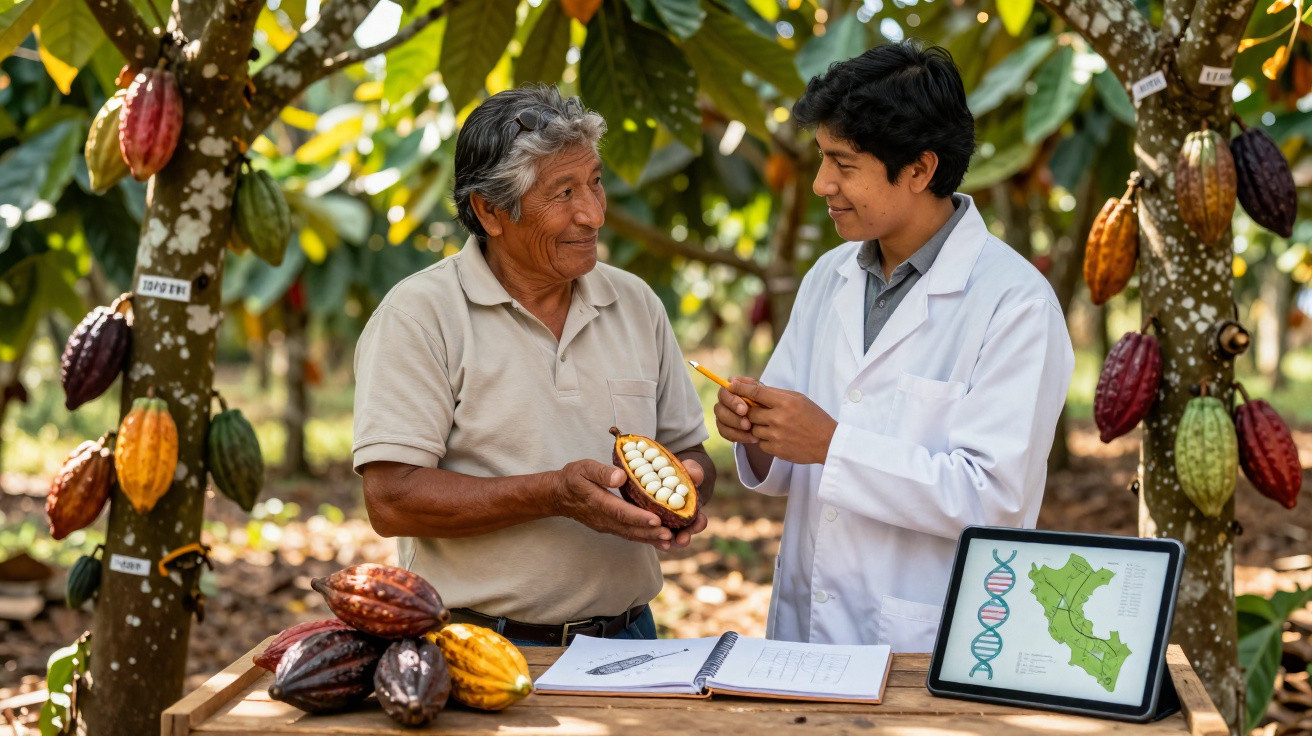 Agricultor e cientista analisam fruto de cacau numa plantação com tablet e cadernos numa mesa de madeira.