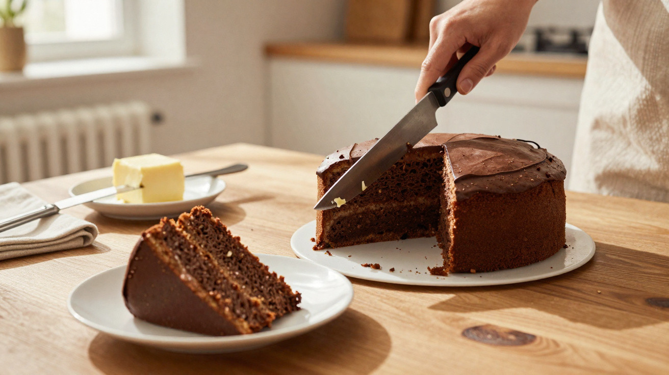 Pessoa a cortar fatia de bolo de chocolate com cobertura num prato branco, em mesa de madeira.