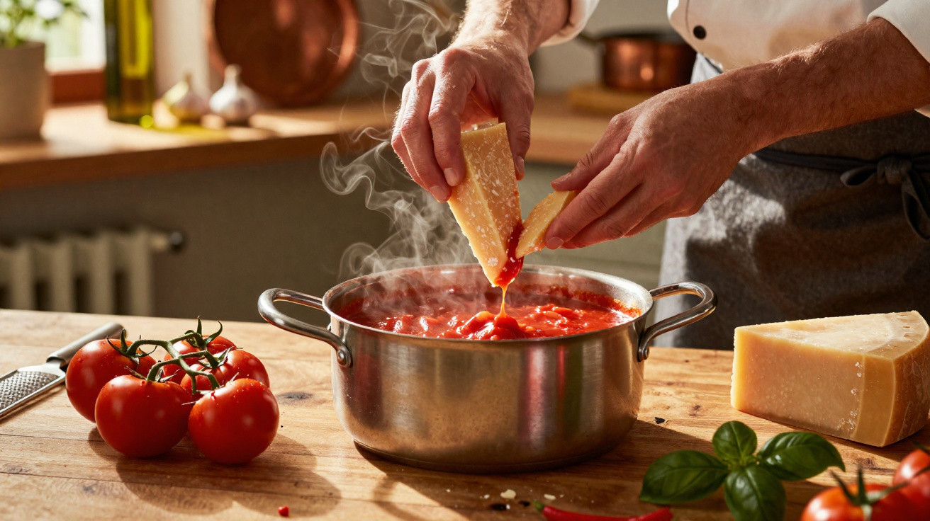 Mãos a rasgar queijo sobre panela de molho de tomate fumegante numa cozinha rústica com tomates frescos ao lado.