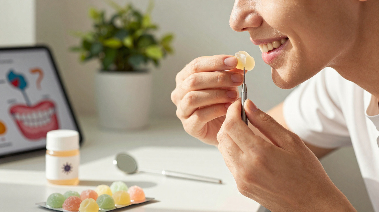 Pessoa a manusear prótese dentária com ferramenta, com amostras coloridas e ilustração dentária ao fundo.