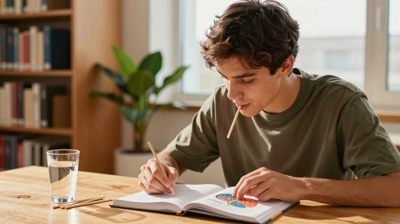 Jovem a estudar com livro ilustrado aberto, caneta na mão e lápis na boca, sentado à mesa de madeira.