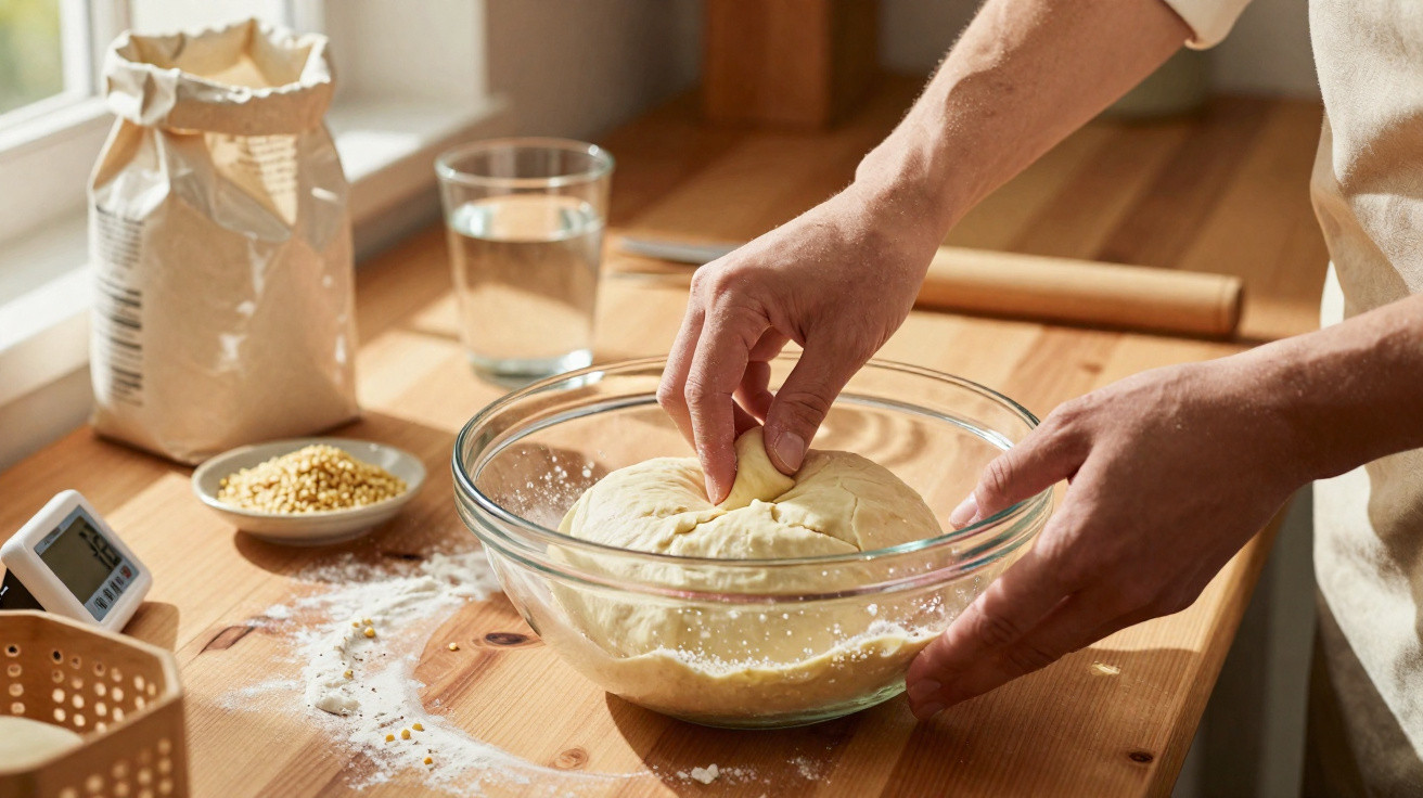 Pessoas a amassar massa de pão numa taça de vidro sobre uma bancada de madeira com ingredientes à volta.