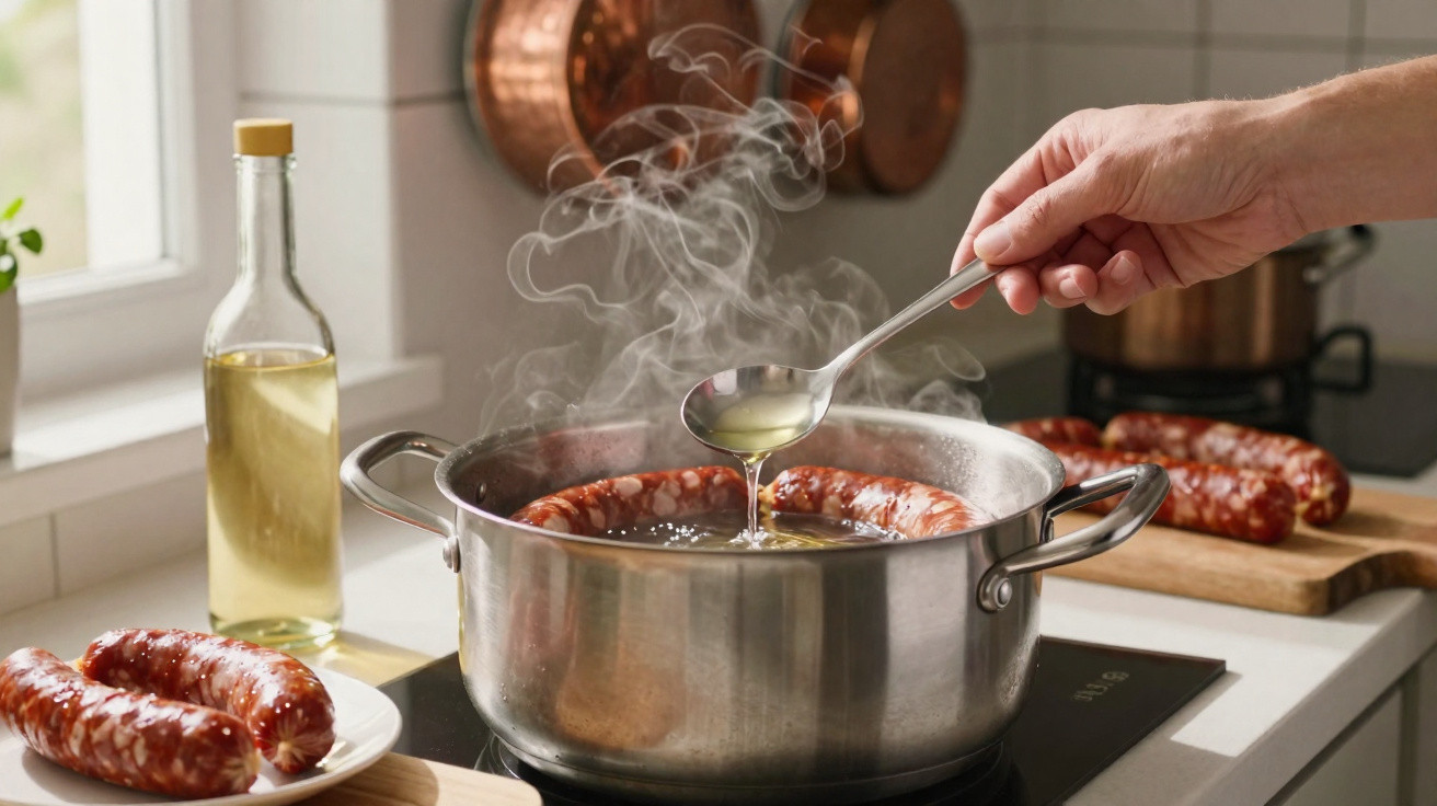 Mão rega chouriço fumegante dentro de panela em fogão, com garrafa de azeite e chouriços à volta.