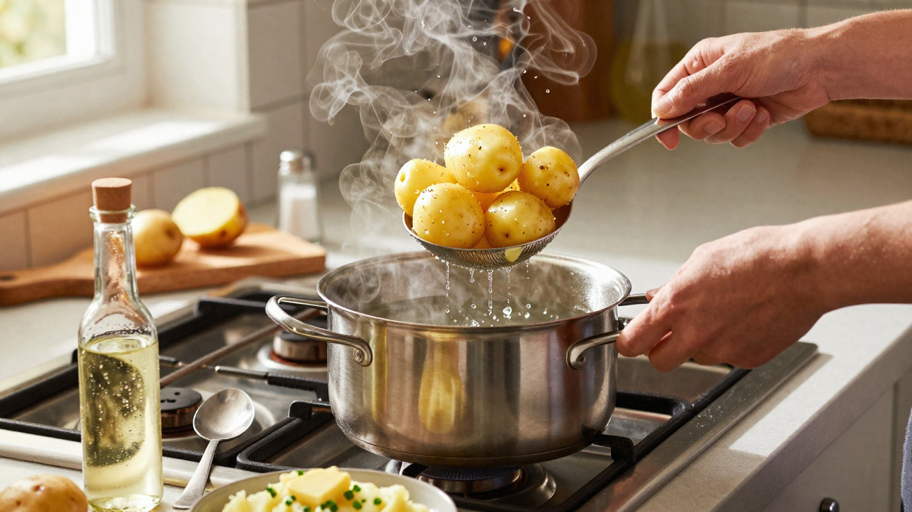 Mãos a escorrer batatas pequenas recém cozidas numa panela a ferver em fogão de cozinha iluminada.