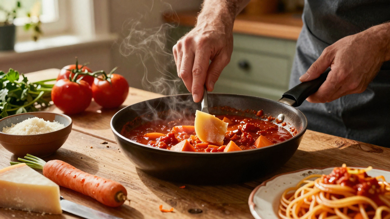 Mãos a cozinhar molho de tomate com legumes numa frigideira, com espaguete, cenoura e queijo na mesa.