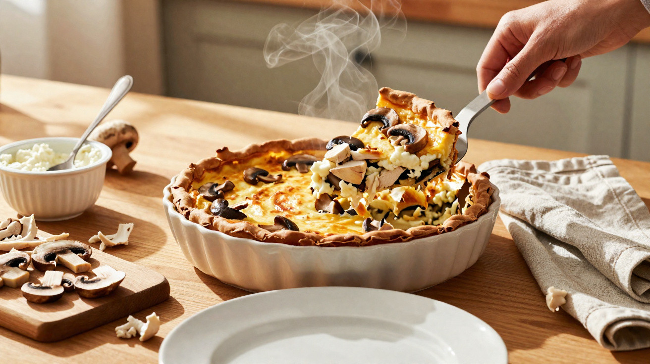 Mão a servir tarte quente de cogumelos numa mesa com cogumelos fatiados e queijo fresco.
