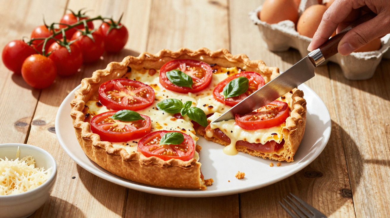 Tarte salgada com fatias de tomate, queijo derretido e folhas de manjericão, com molho a escorrer.