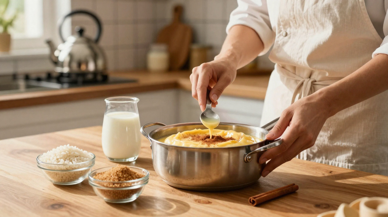 Pessoa a preparar arroz doce numa cozinha, com ingredientes à vista numa bancada de madeira.