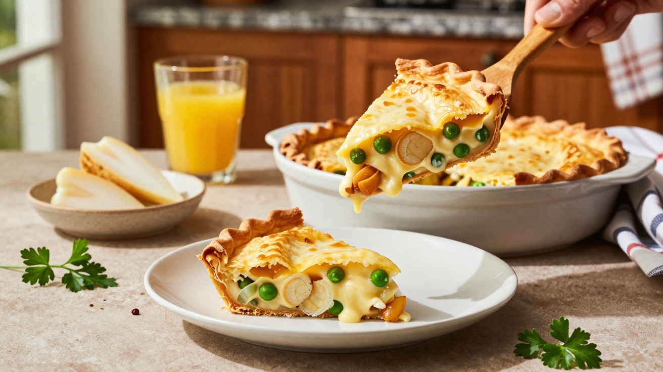 Fatia de quiche cremosa com ervilhas e cogumelos servida num prato branco, com sumo de laranja e pera ao fundo.
