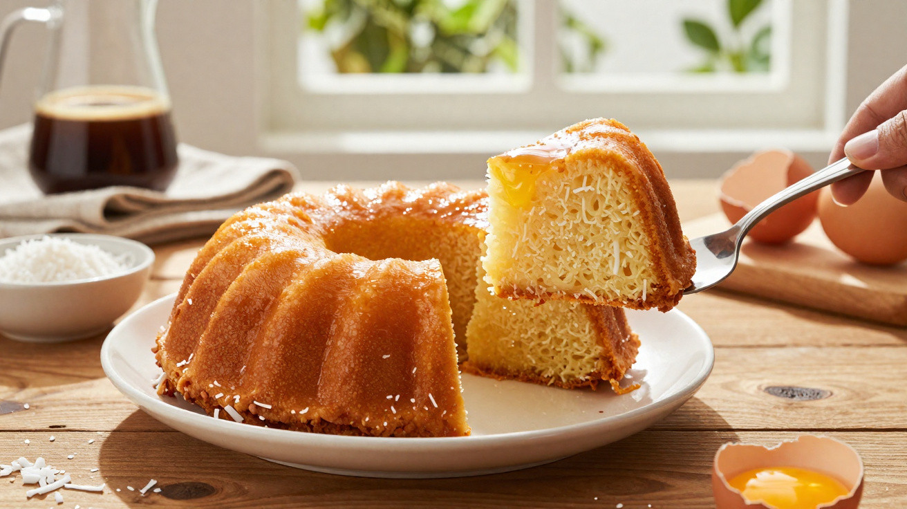 Bolo de coco húmido com cobertura, servido num prato branco, com café e ingredientes ao fundo.