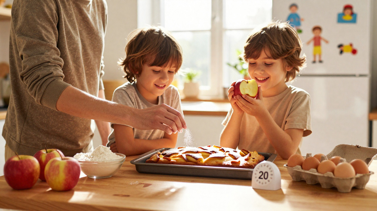 Crianças e adulto a preparar e decorar uma tarte de maçã numa cozinha iluminada.