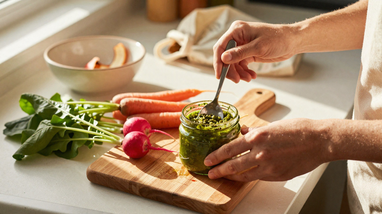 Mãos a mexer molhável verde num frasco, com rabanetes, cenouras e folhas verdes numa tábua de madeira.