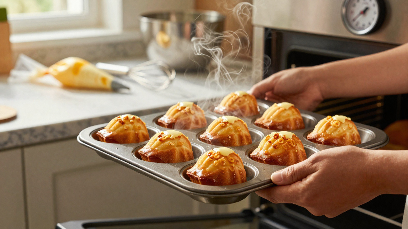 Assadeira com 10 mini bundts quentes acabados de sair do forno, com mãos a segurá-la na cozinha.