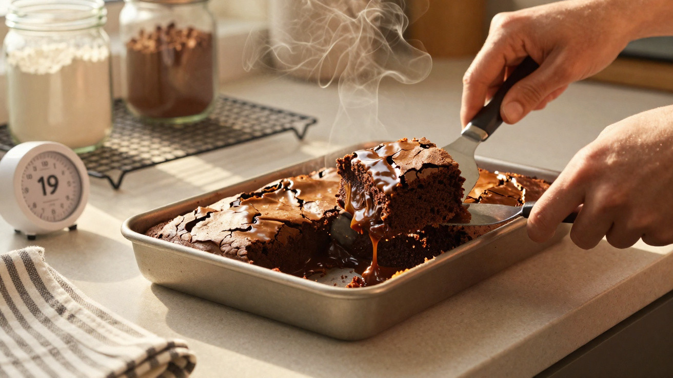 Mãos a cortar um brownie quente e húmido num tabuleiro de metal numa bancada de cozinha.