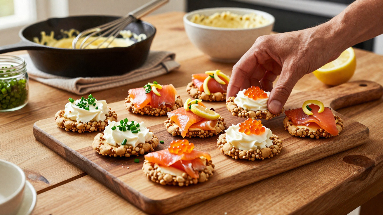 Tábua com bolachas crocantes com coberturas de queijo creme, salmão fumado, ovas e ervas frescas.