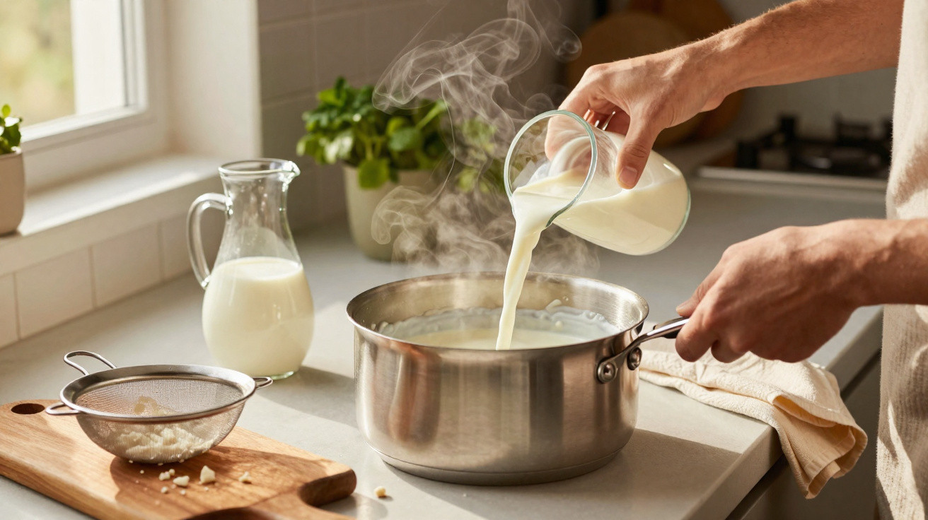 Mãos a verter leite quente numa panela de aço inoxidável numa cozinha iluminada com vapor a subir.