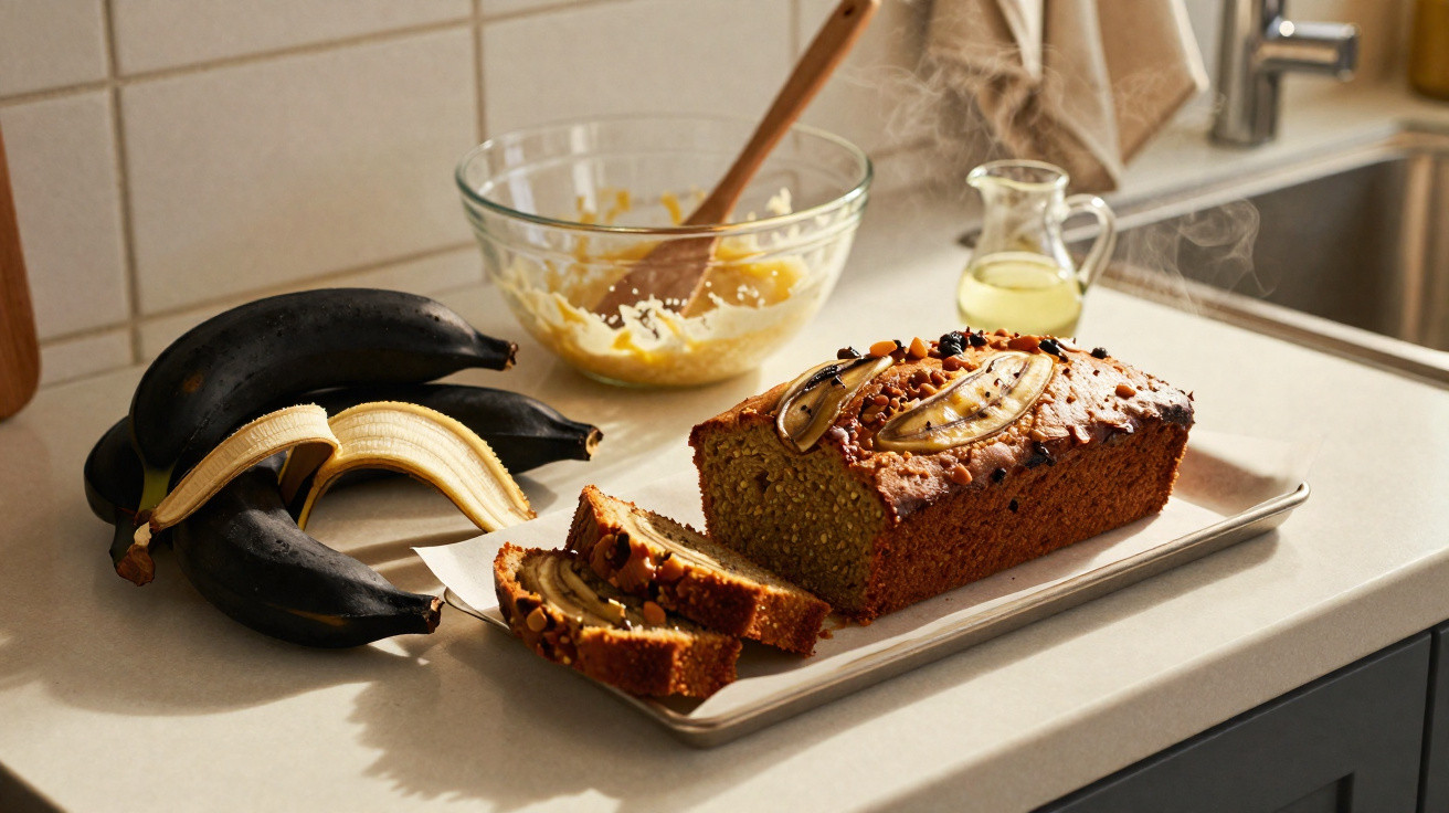 Bolo de banana cortado com bananas maduras e prato de farinha com colher de pau numa bancada de cozinha.