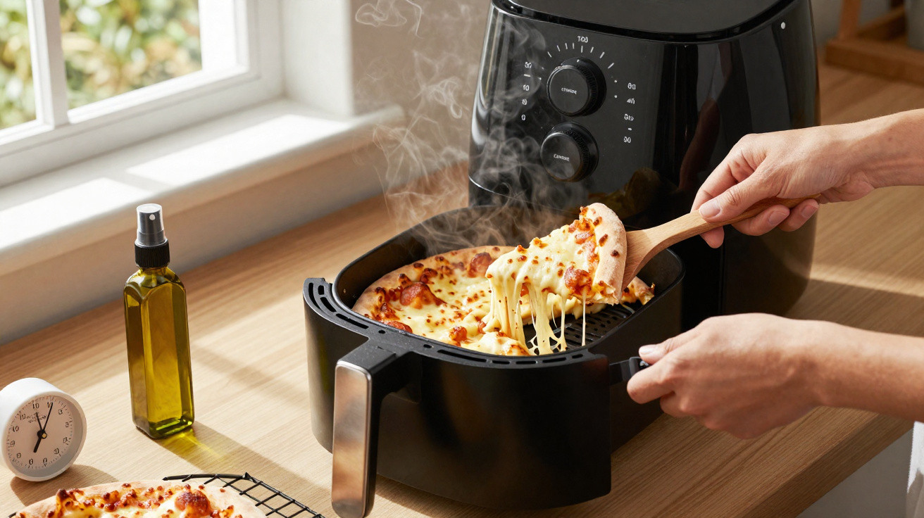 Pessoa a retirar uma fatia de pizza quente de uma fritadeira elétrica de ar num balcão de cozinha.