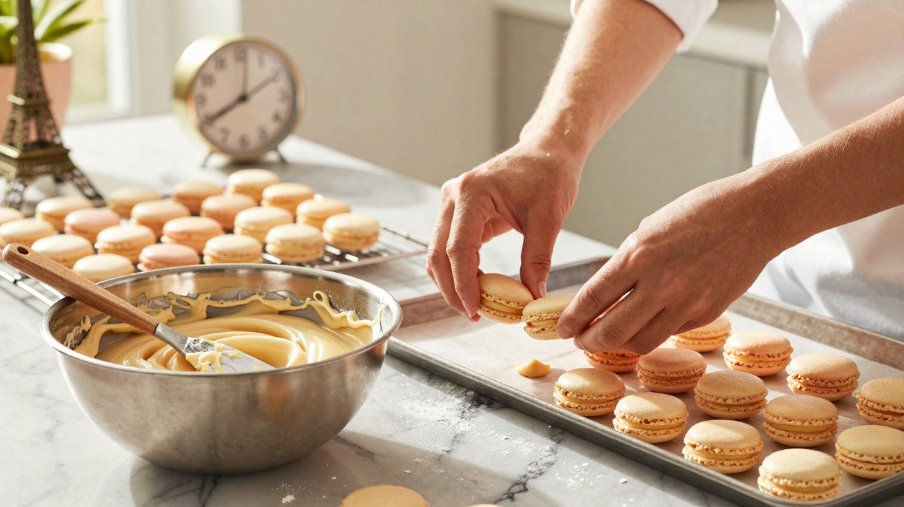 Mãos a montar macarons castanhos numa bancada com taça de recheio cremoso e relógio ao fundo.