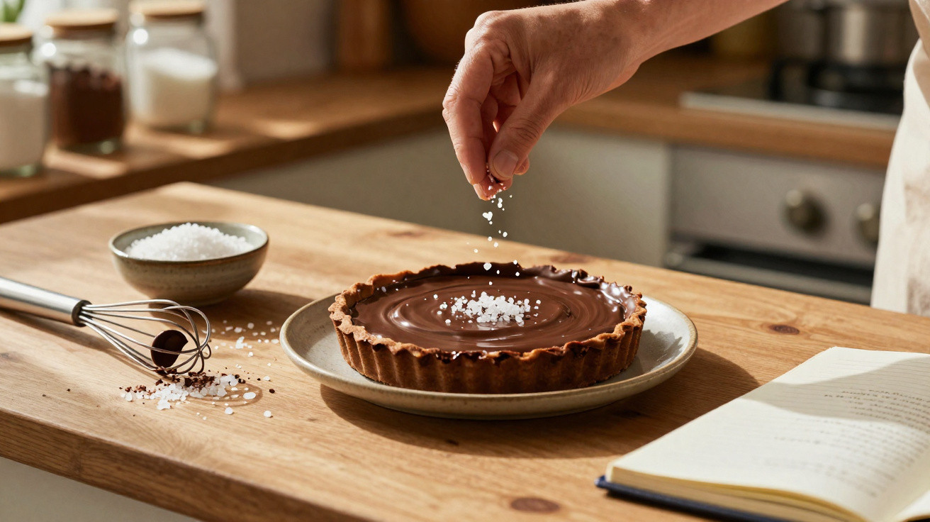 Mão polvilhando sal grosso numa tarte de chocolate sobre a bancada de madeira na cozinha.