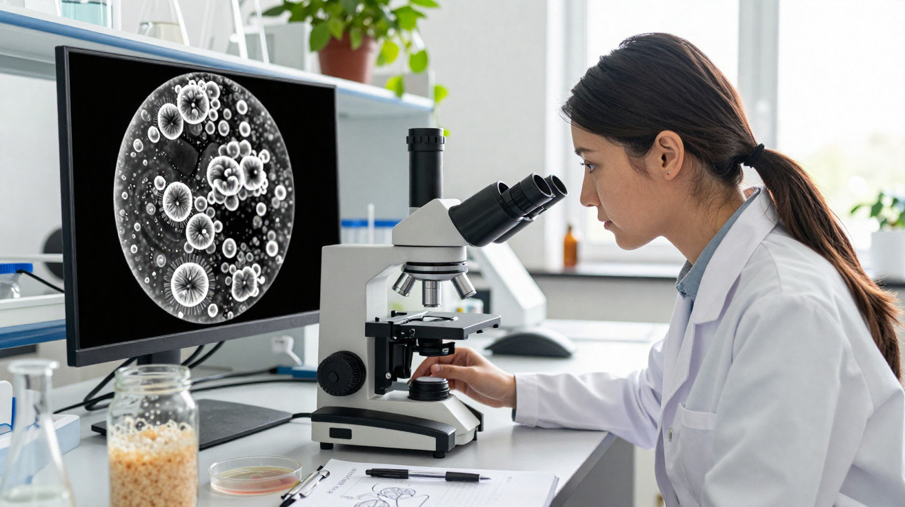 Mulher cientista a observar amostras ao microscópio em laboratório moderno com imagem ampliada no ecrã.
